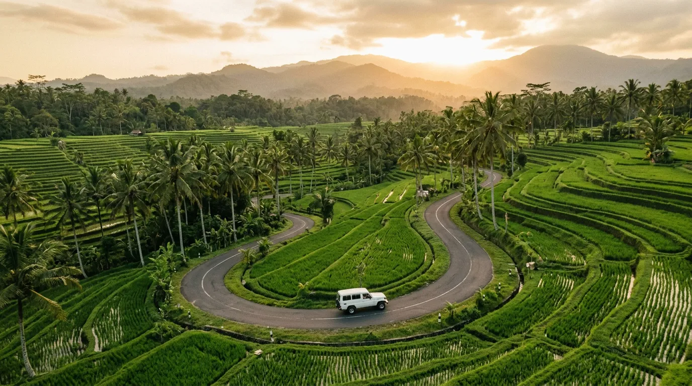 Белый автомобиль на извилистой дороге через рисовые поля Бали, пальмы по сторонам