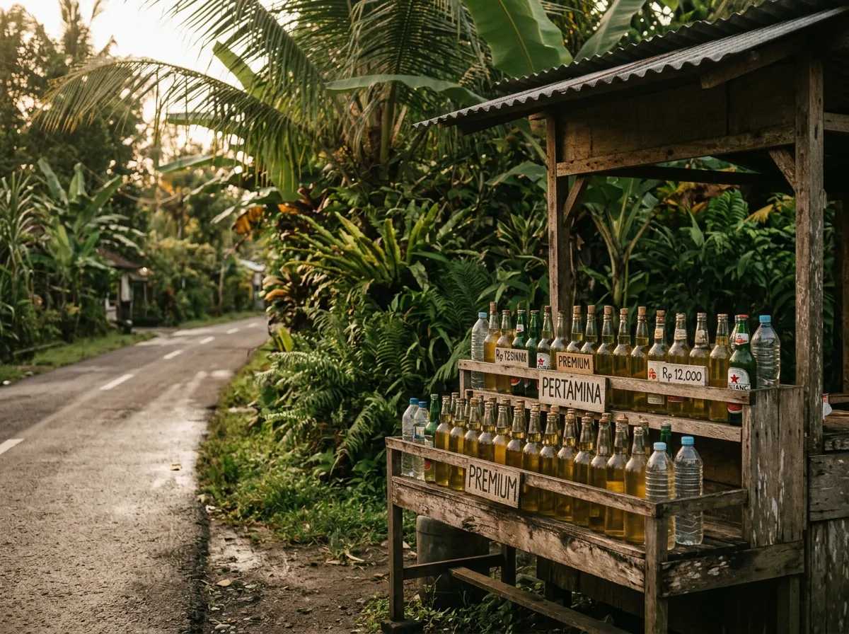 Местная заправка на Бали: бутылки с бензином у дороги, тропическая зелень вокруг