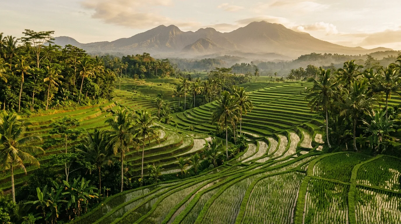 Рисовые террасы Жатилувих, многоуровневые зелёные ступени до горизонта, пальмы