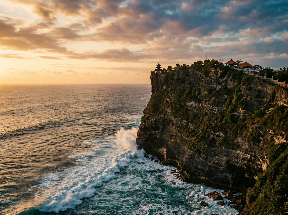 Храм Улувату на утёсе над океаном, волны разбиваются о скалы внизу