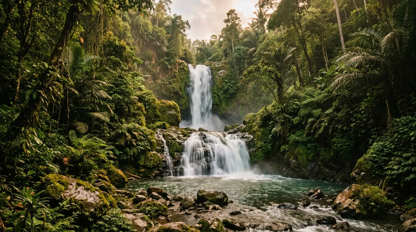 Водопад Тиу Келеп в джунглях, два каскада воды в окружении тропической зелени