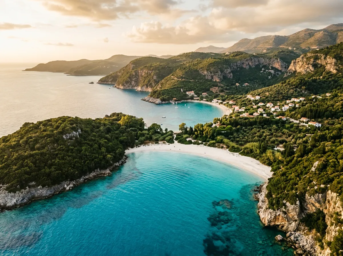 Бухта Маун с высоты, белый полумесяц песка между зелёными мысами, бирюзовая вода