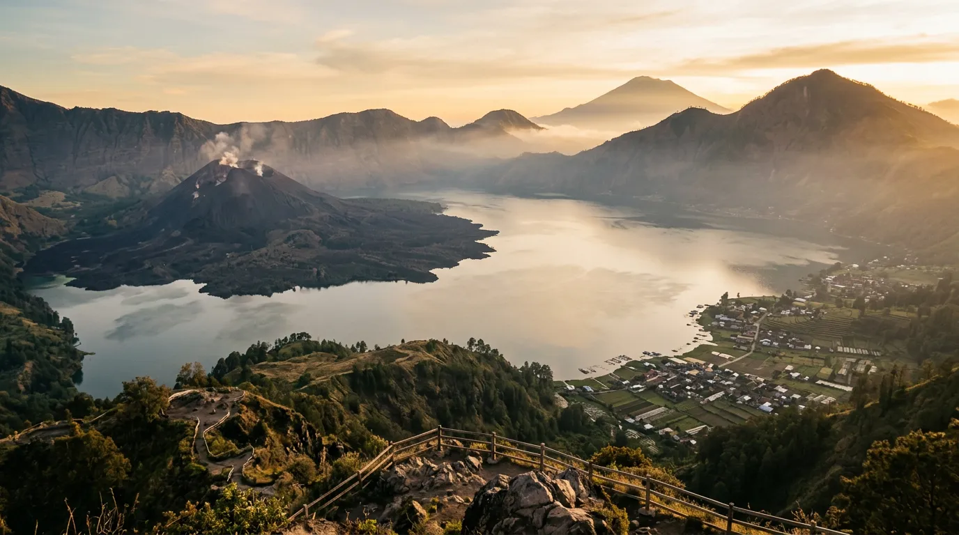 Кальдера вулкана Батур, озеро внизу, деревни на берегу, утренний свет