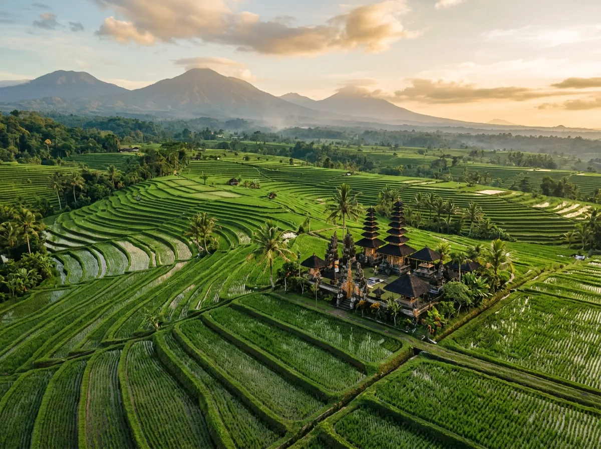 Рисовые террасы Жатилувих, зелёные каскады до горизонта, балийский храм среди полей