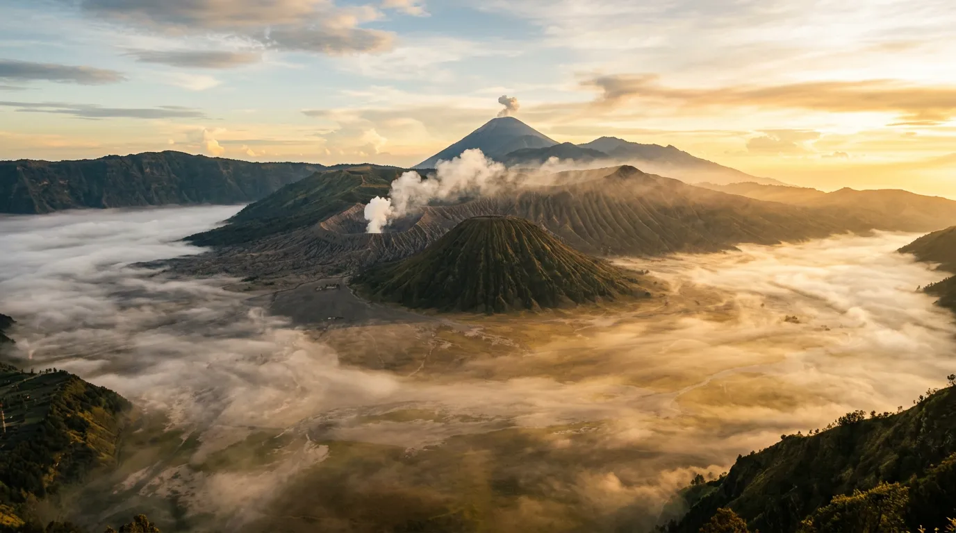 Вулкан Бромо на рассвете, конус дымится внутри гигантской кальдеры, золотой свет
