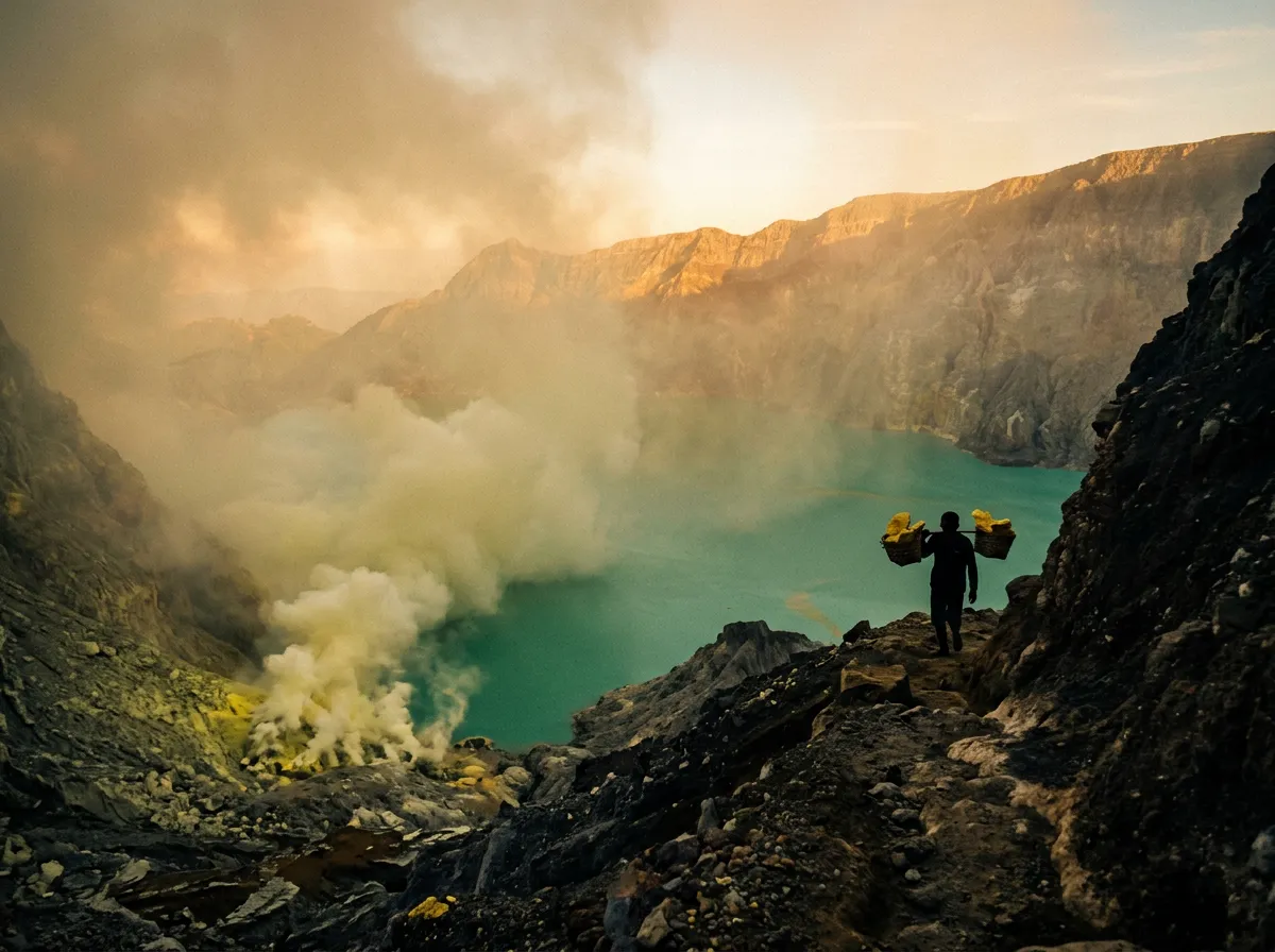 Бирюзовое кислотное озеро в кратере Иджен, серные пары над водой, силуэт шахтёра