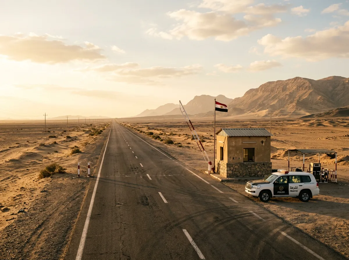 Полицейский пост на дороге в пустыне, широкая асфальтовая дорога уходит к горизонту