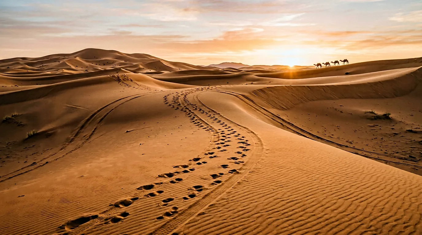 Дюны Эрг-Шебби на рассвете, следы каравана на песке, тёплый золотой свет