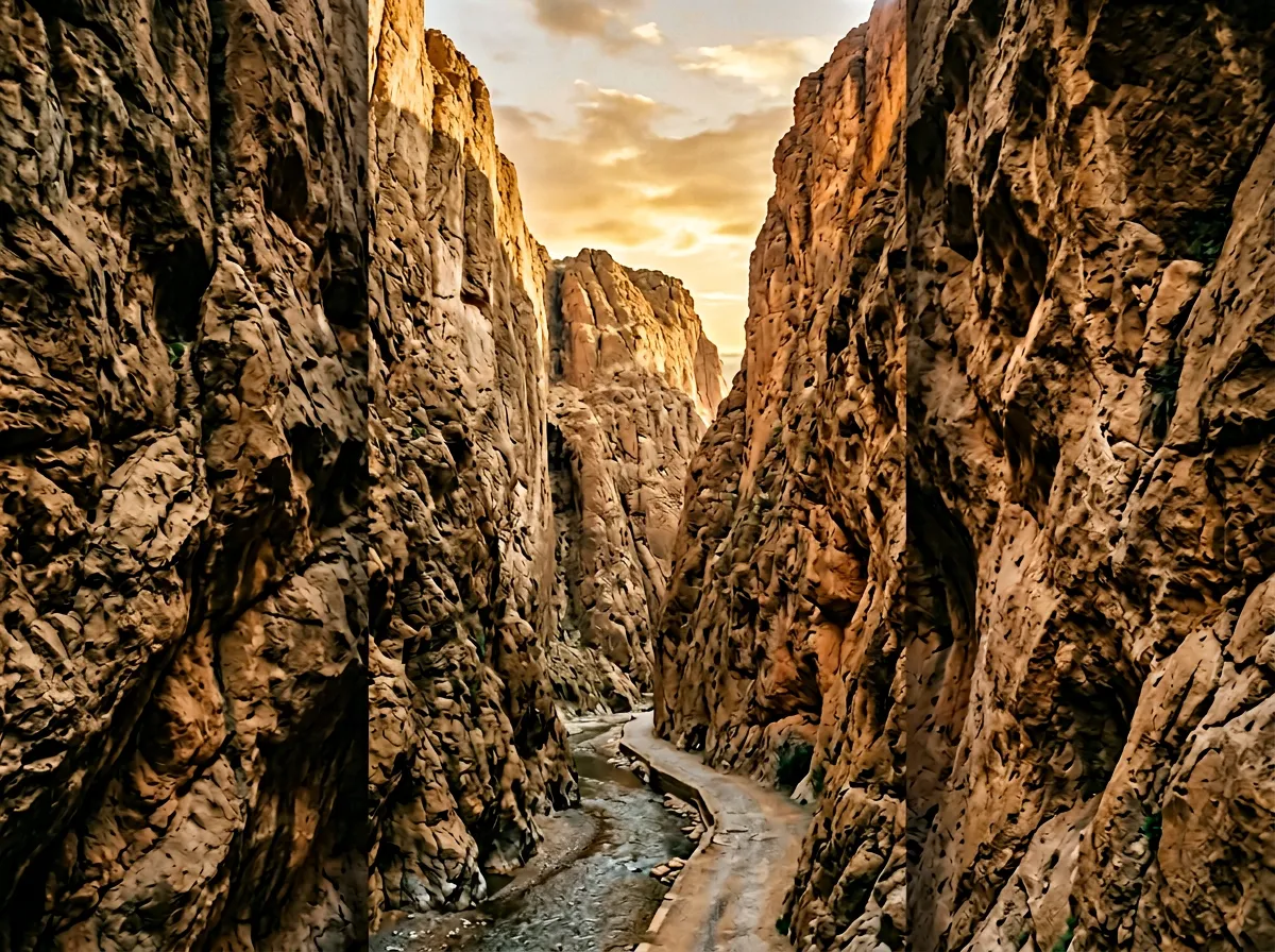 Ущелье Тодра, вертикальные стены каньона сходятся над узким проходом