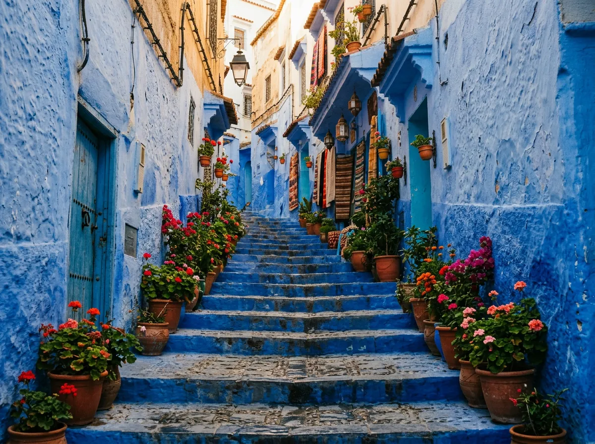 Синие улицы медины Шефшауэна, горшки с цветами на ступенях