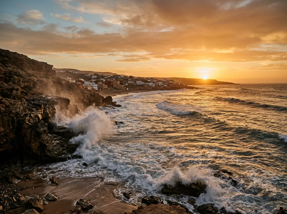 Серф-спот Тагазут, волны Атлантики разбиваются о скалы на закате
