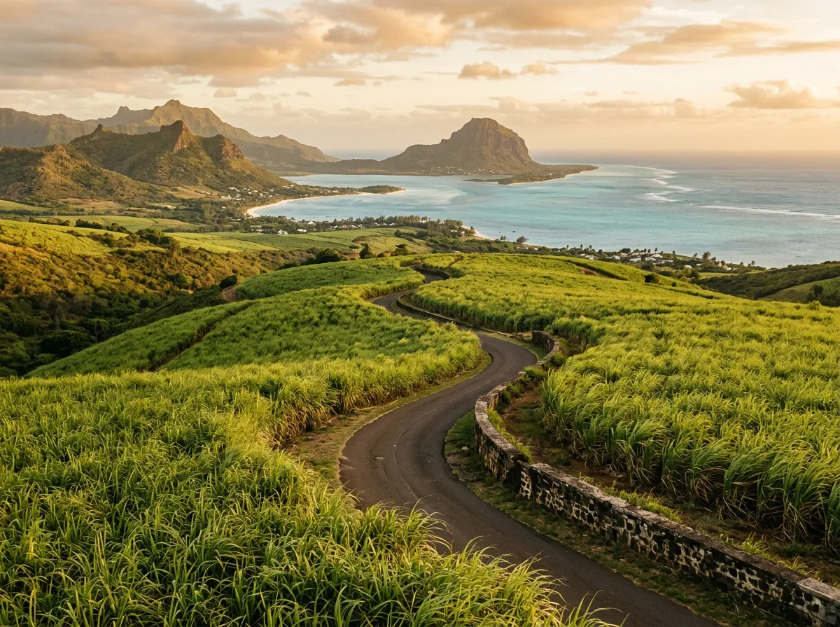 Горная дорога через сахарные поля, вид на побережье Маврикия