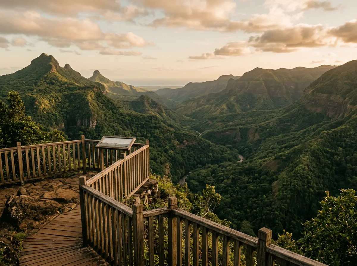 Смотровая площадка в Блэк-Ривер-Горджес, вид на каньон и горы, зелёный лес