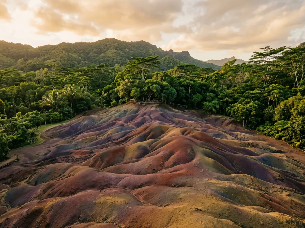 Семицветные дюны Шамарель, вулканические холмы семи оттенков, тропический лес вокруг
