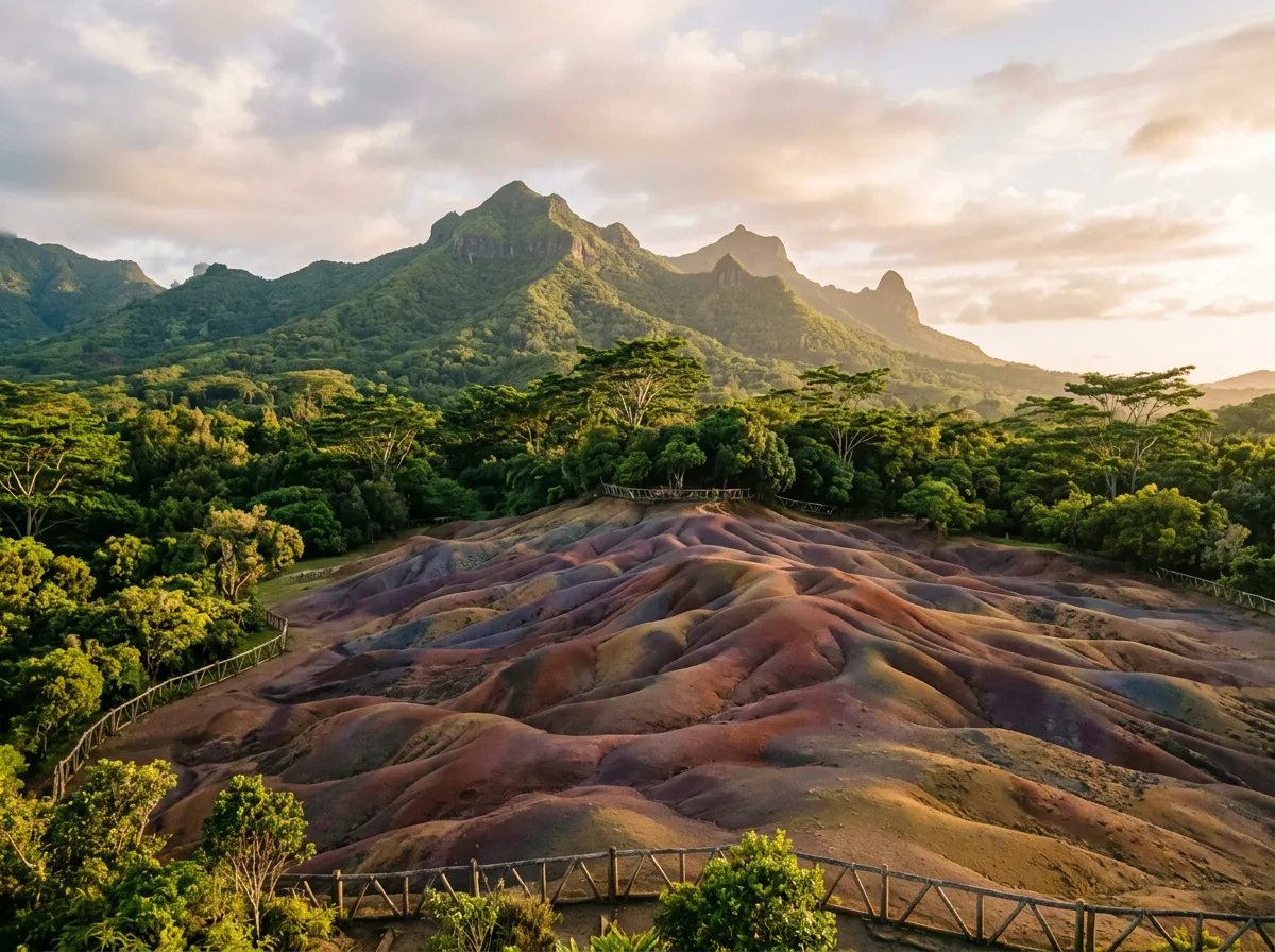 Семицветные дюны Шамарель, волнистые холмы семи оттенков на фоне зелёных гор