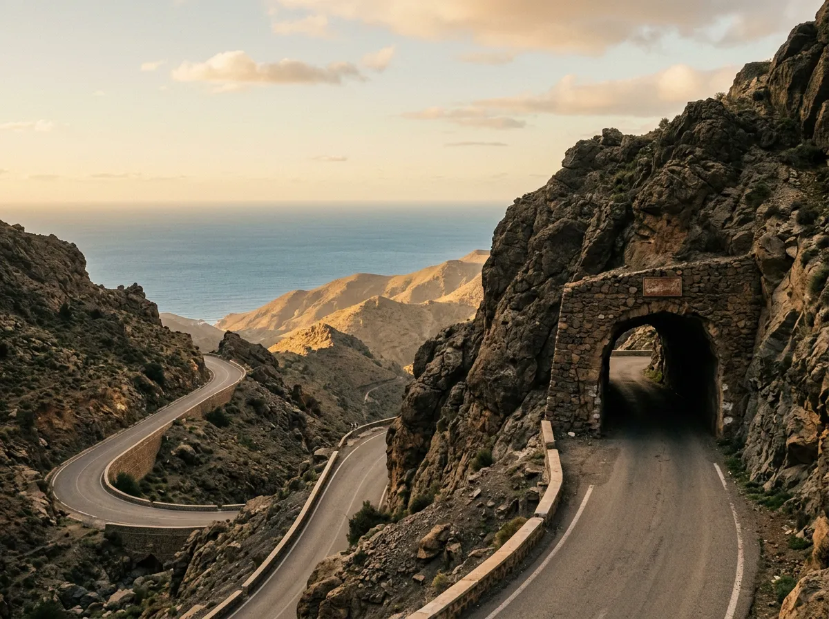 Горная дорога через перевал, тоннель в скале и вид на океан за горами
