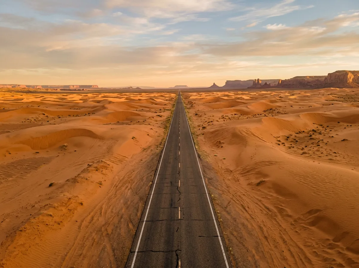 Прямая пустынная трасса, уходящая к горизонту среди оранжевых дюн