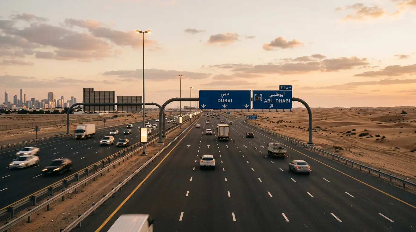 Широкое шоссе E11 между Дубаем и Абу-Даби, идеальный асфальт и указатели