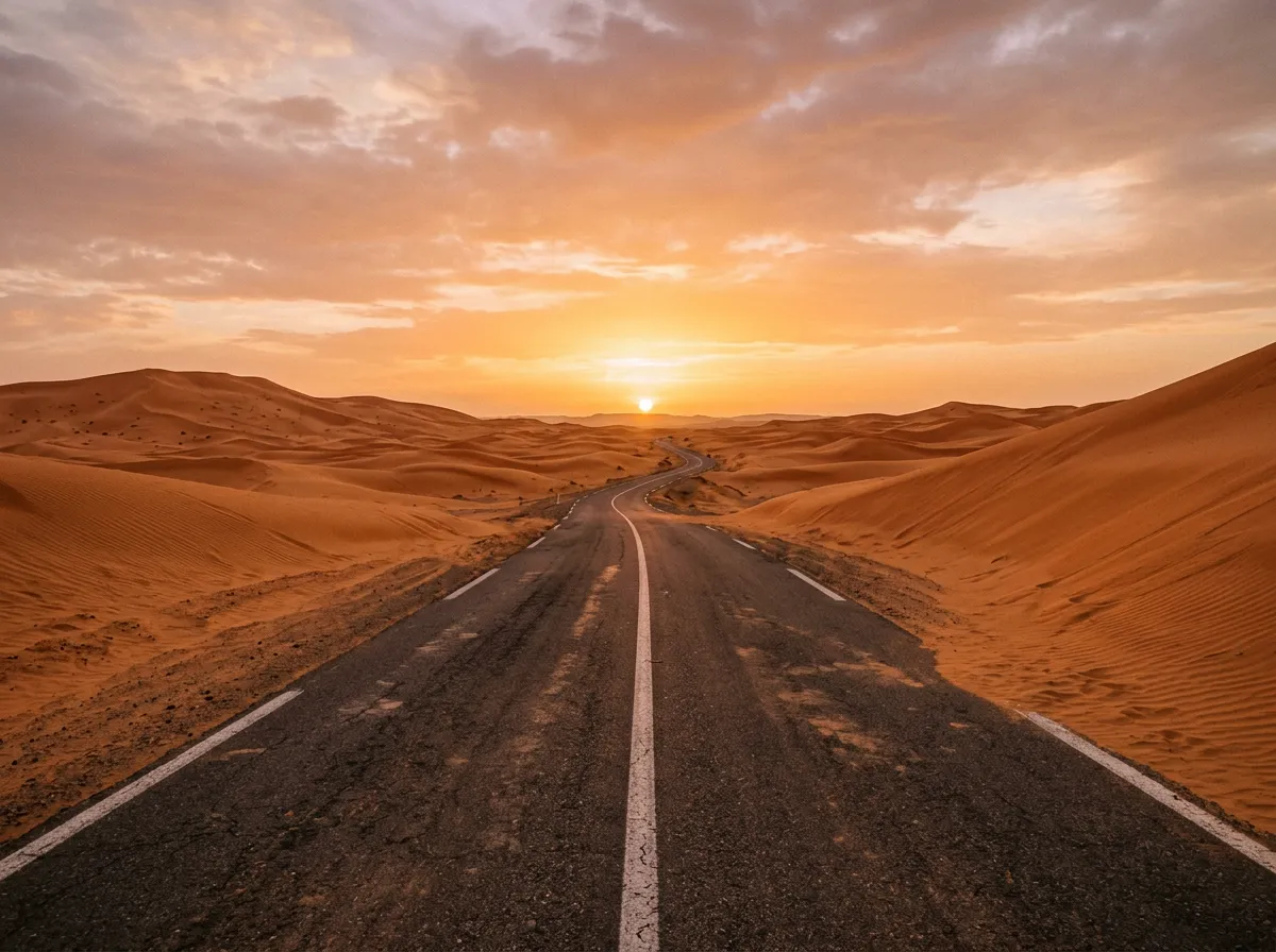 Пустынное шоссе на закате, оранжевые дюны по обеим сторонам дороги