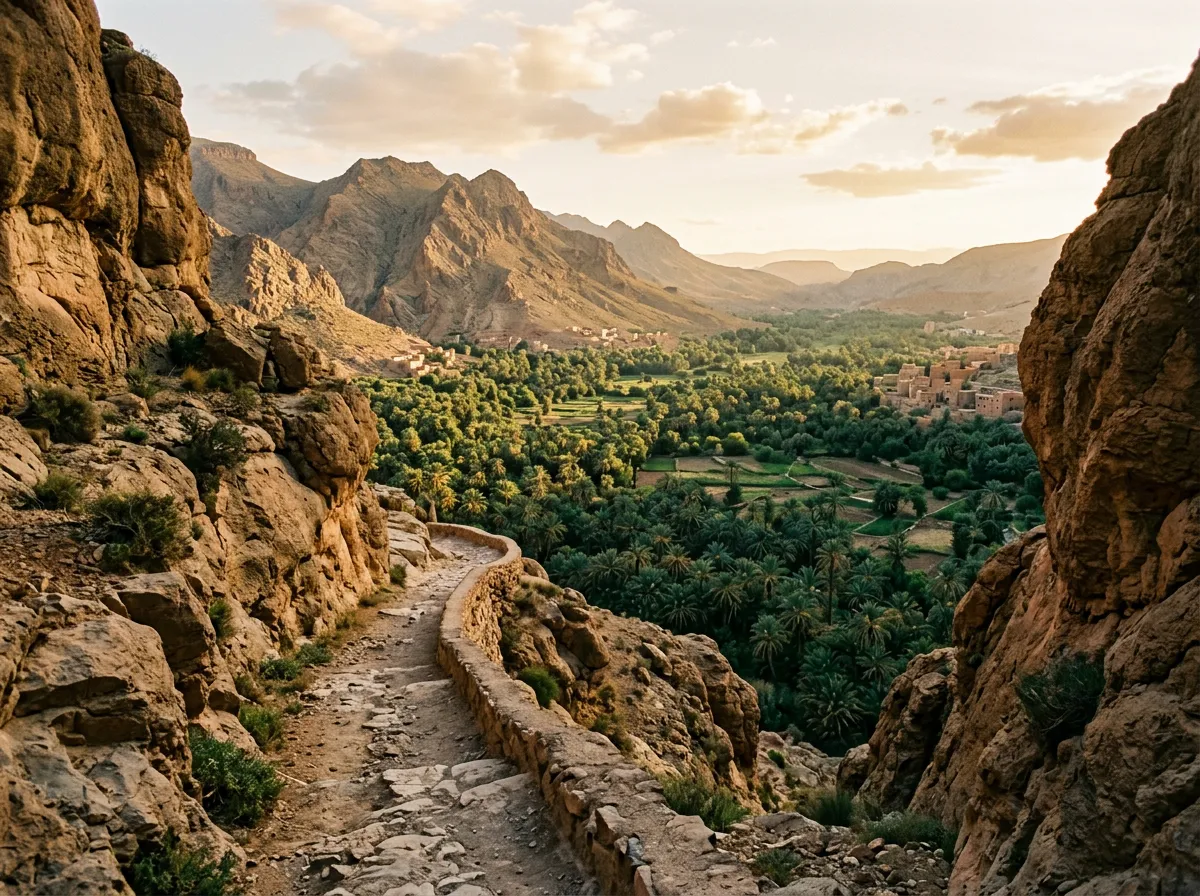 Горная тропа между скал с видом на зелёную долину и финиковые пальмы