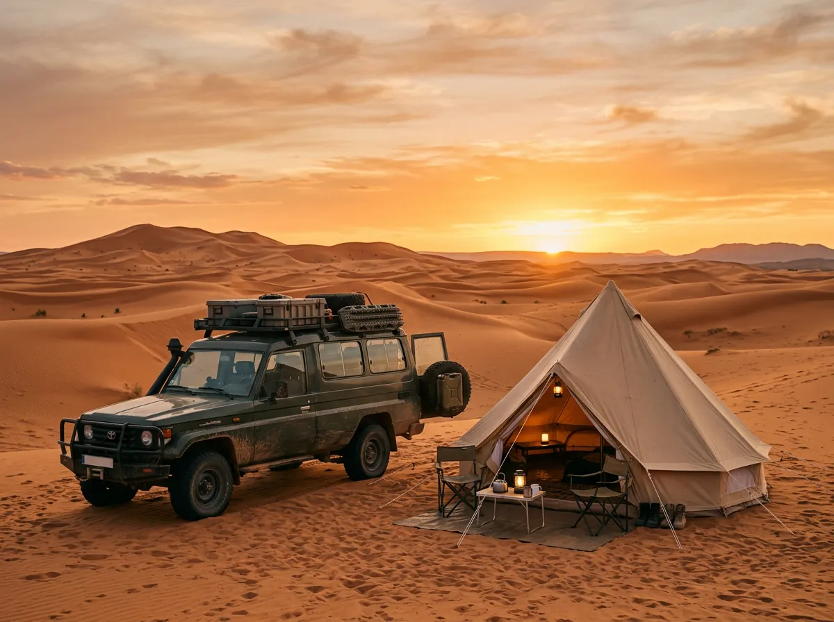 Лагерь в пустыне на закате, палатка рядом с внедорожником, оранжевое небо