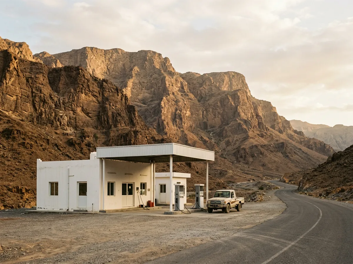 Заправка в горном Омане, белое здание на фоне коричневых скал