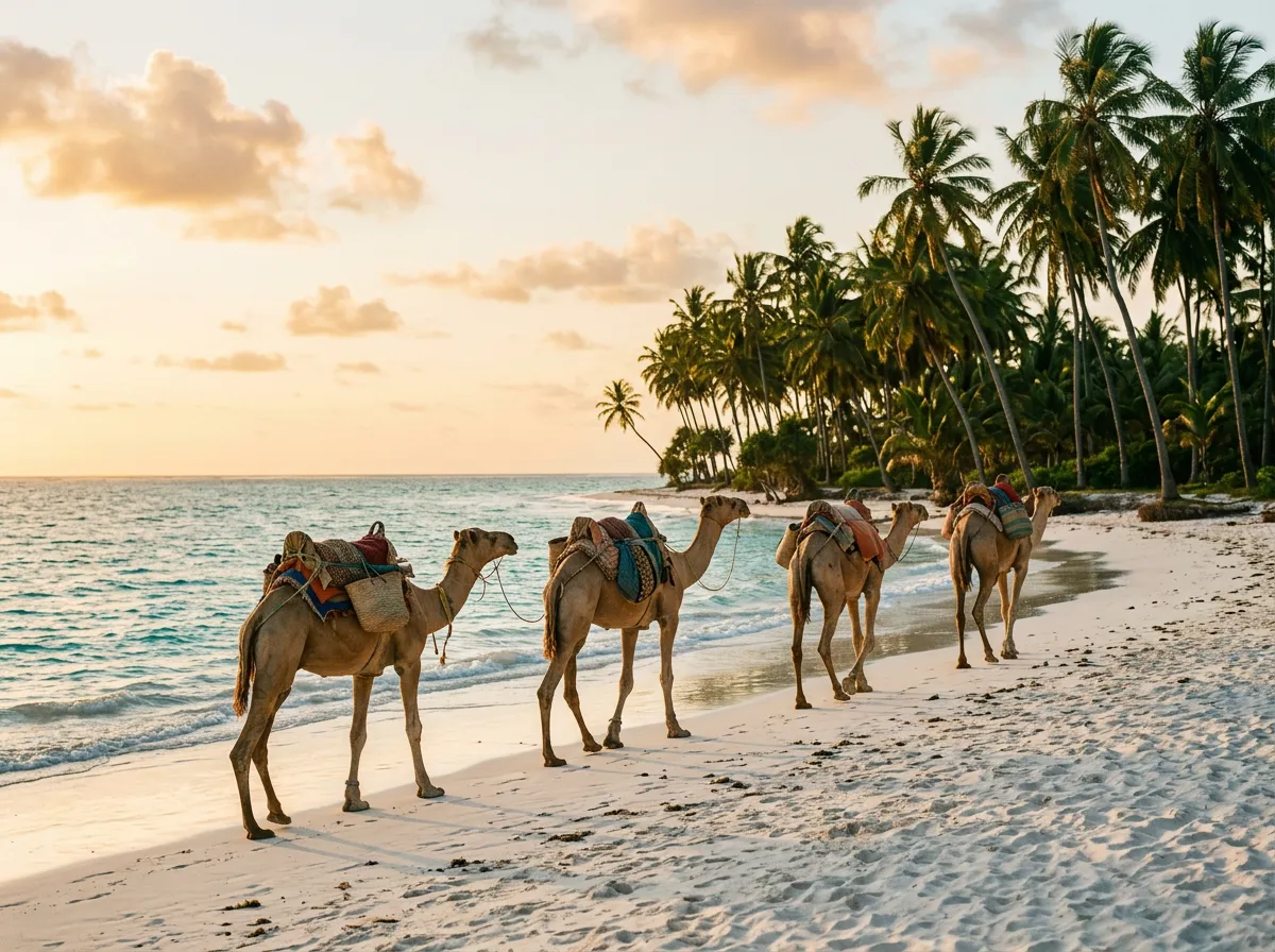 Верблюды на белом песчаном пляже, бирюзовая вода, кокосовые пальмы