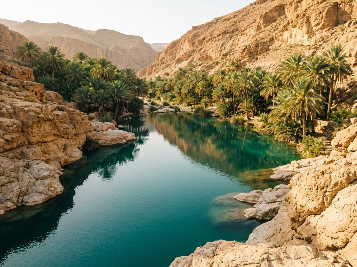 Бирюзовый бассейн Вади Бани Халид, пальмы и скалы, люди купаются