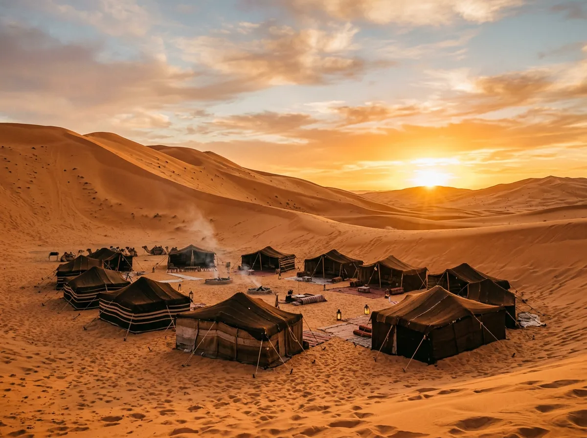 Бедуинский кемп в пустыне на закате, палатки на фоне оранжевых дюн