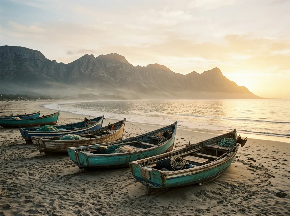 Рыбацкие лодки на песчаном пляже на рассвете, горы на заднем плане