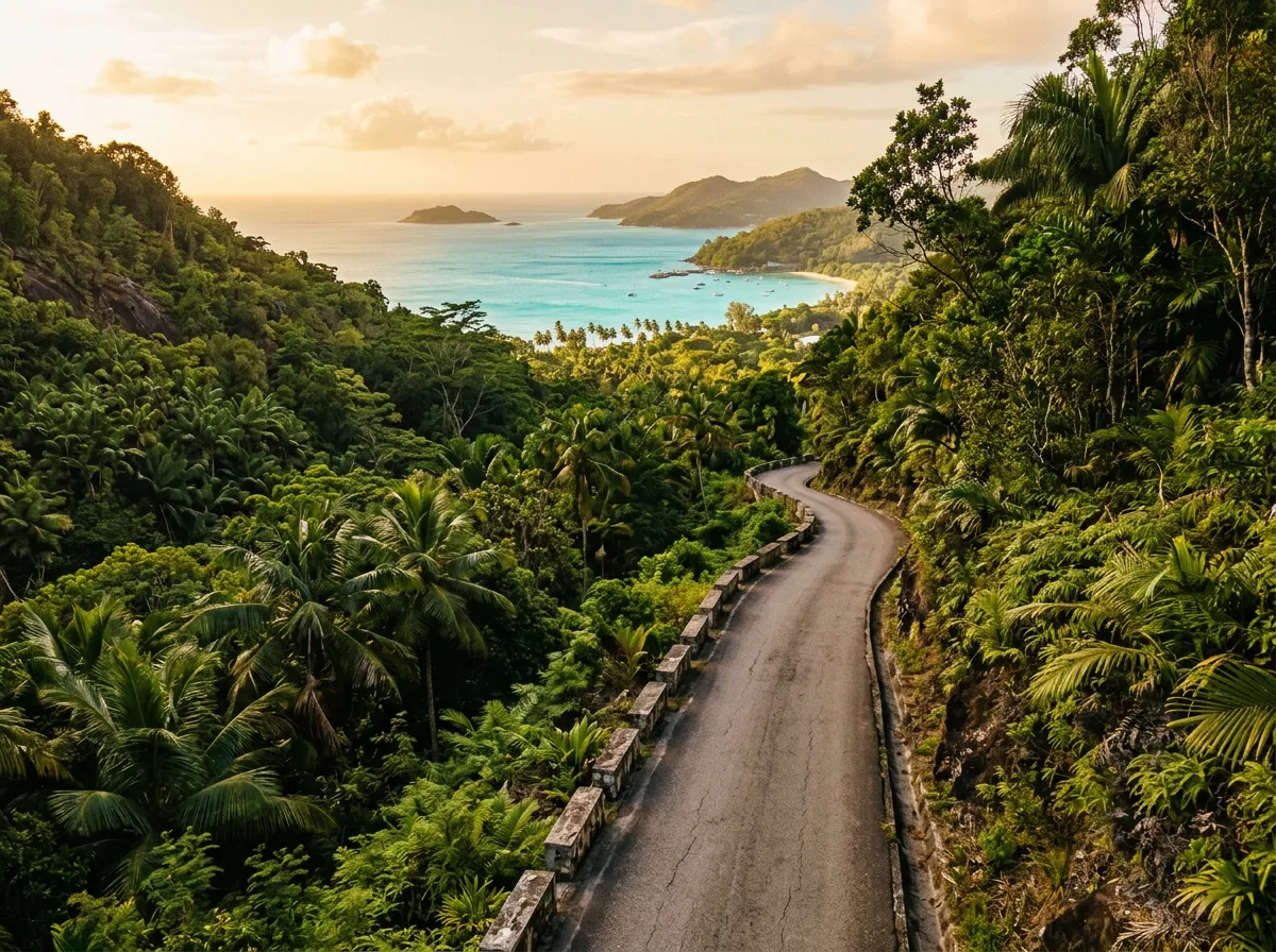 Узкая горная дорога на Праслин, тропическая зелень, просвет к океану