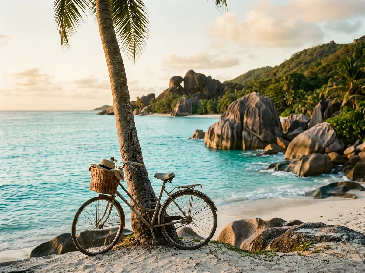 Уединённая бухта Ла-Диг, велосипед прислонён к пальме, бирюзовая вода