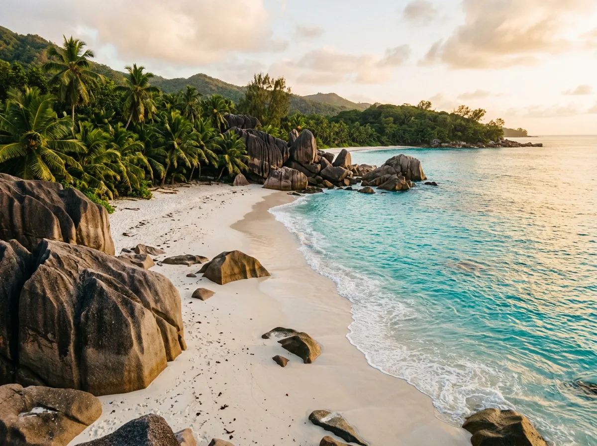 Гранитные валуны на пляже Анс-Такамака, бирюзовая вода, пальмы