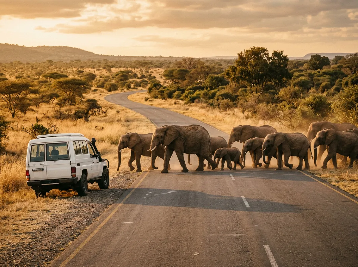 Слоны переходят дорогу в районе национального парка, автомобиль ждёт на обочине