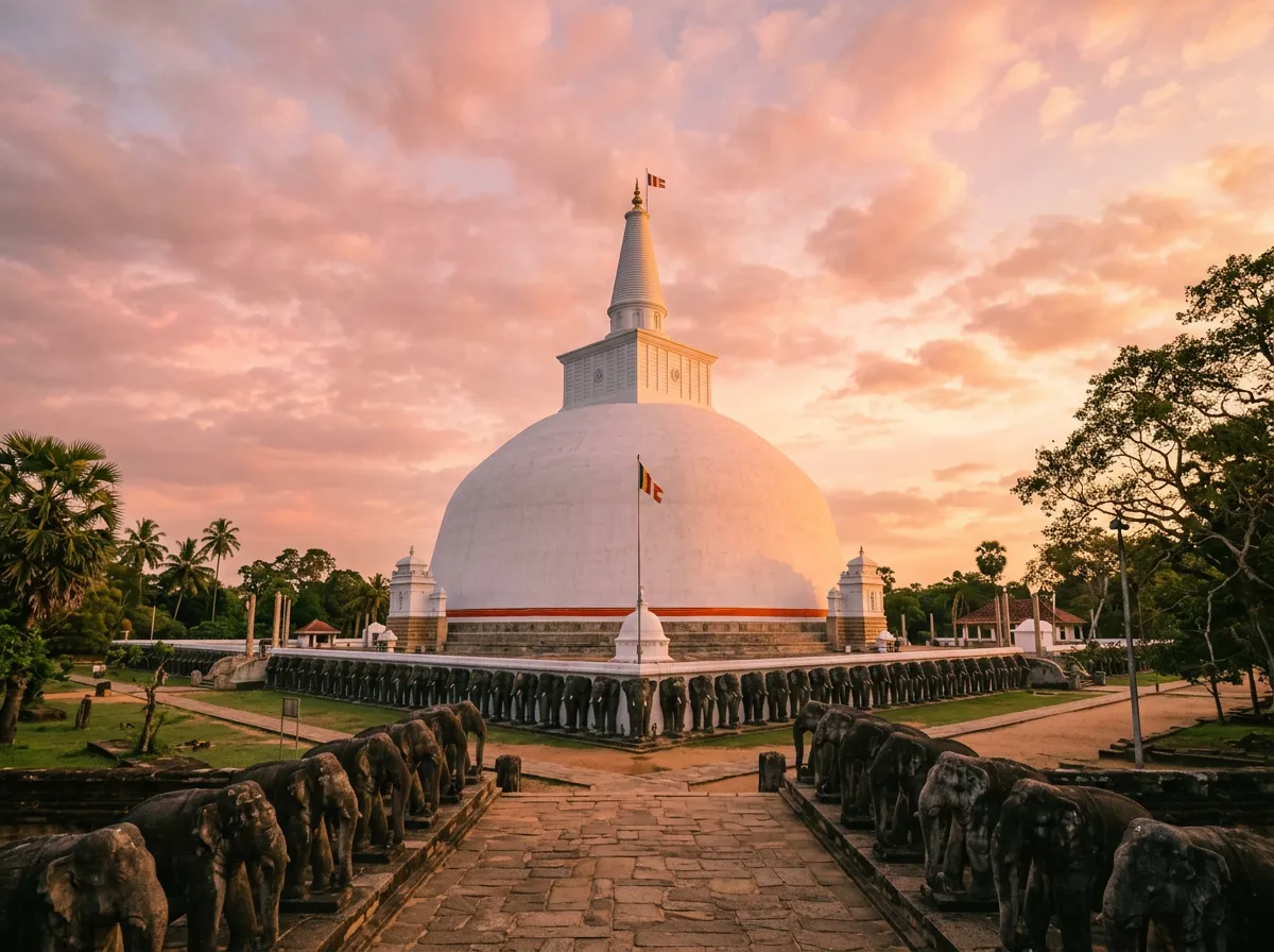 Белая ступа Руванвелисая в Анурадхапуре на закате, слоны-статуи у основания, небо в розовых тонах