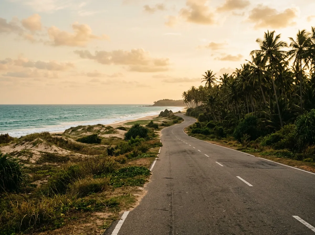 Прибрежная дорога возле Тангалле, пальмовая роща, океан за дюнами, пустынная трасса