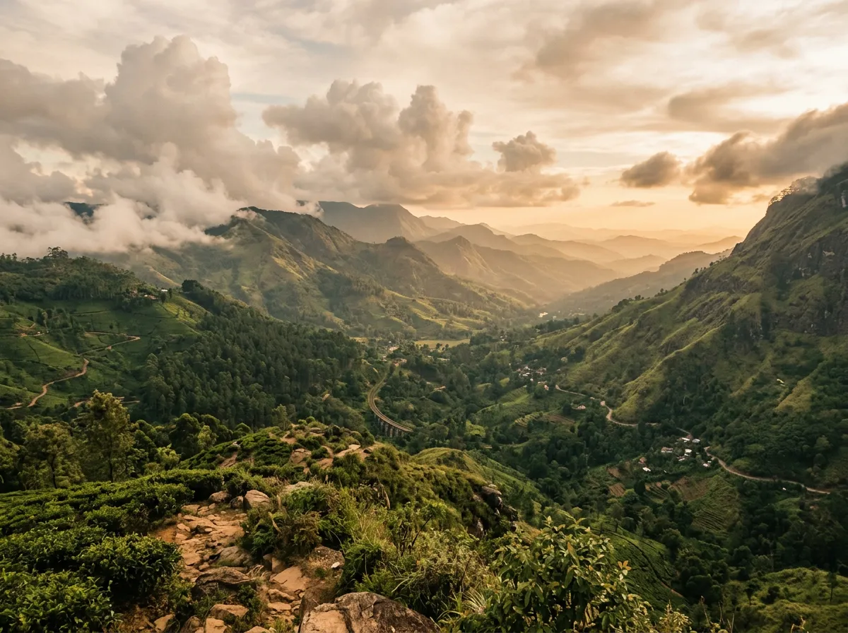 Вид с перевала на долину Эллы, зелёные горы уходят к горизонту, облака на уровне глаз