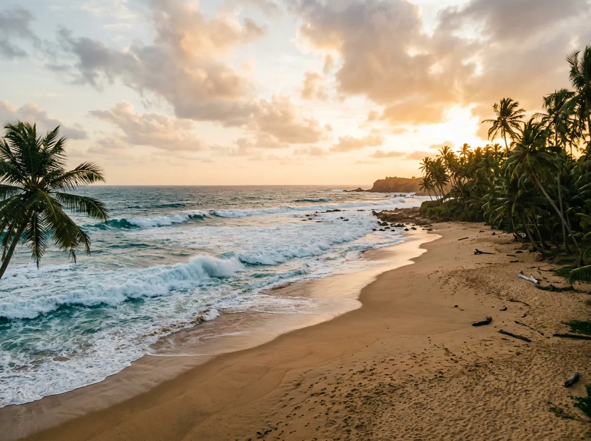 Дикий пляж Тангалле, широкая полоса песка, кокосовые пальмы, мощные волны Индийского океана