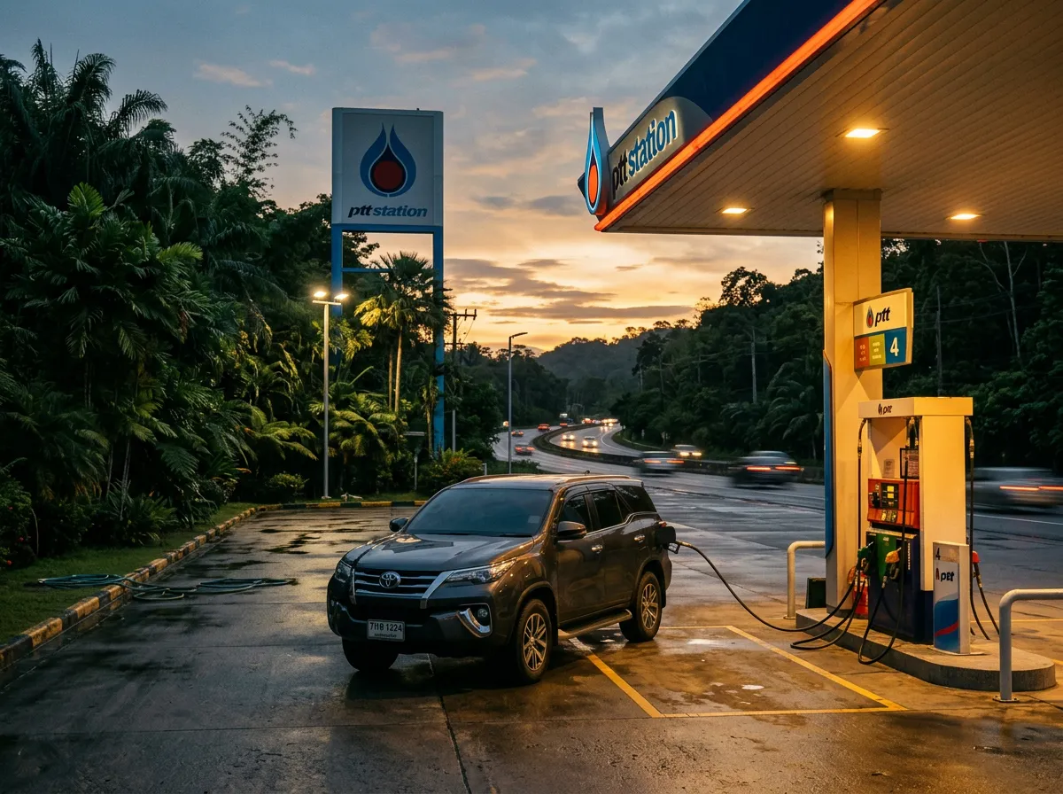 Заправка PTT на трассе, тропическая зелень, вечернее небо, автомобиль у колонки