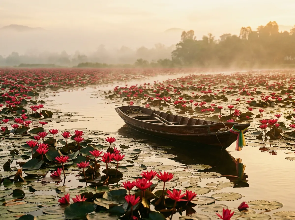 Красные лотосы на озере Нонг Хан, утренний туман, лодка среди цветов