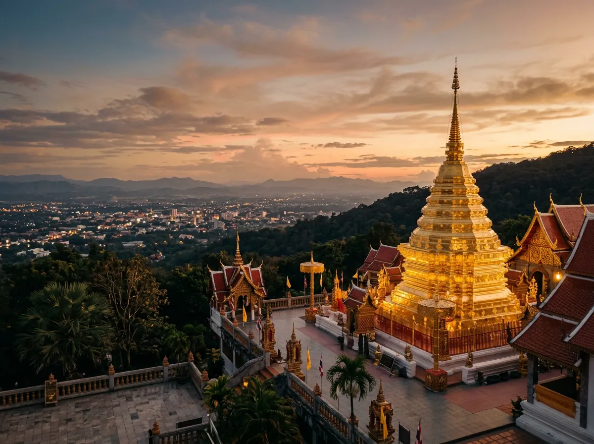 Храм Дой Сутхеп в Чиангмае, золотая ступа на горе, вид на город внизу, вечерний свет