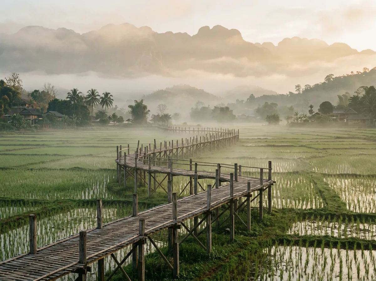 Бамбуковый мост Su Tong Pae через рисовые поля в утреннем тумане, горы на горизонте