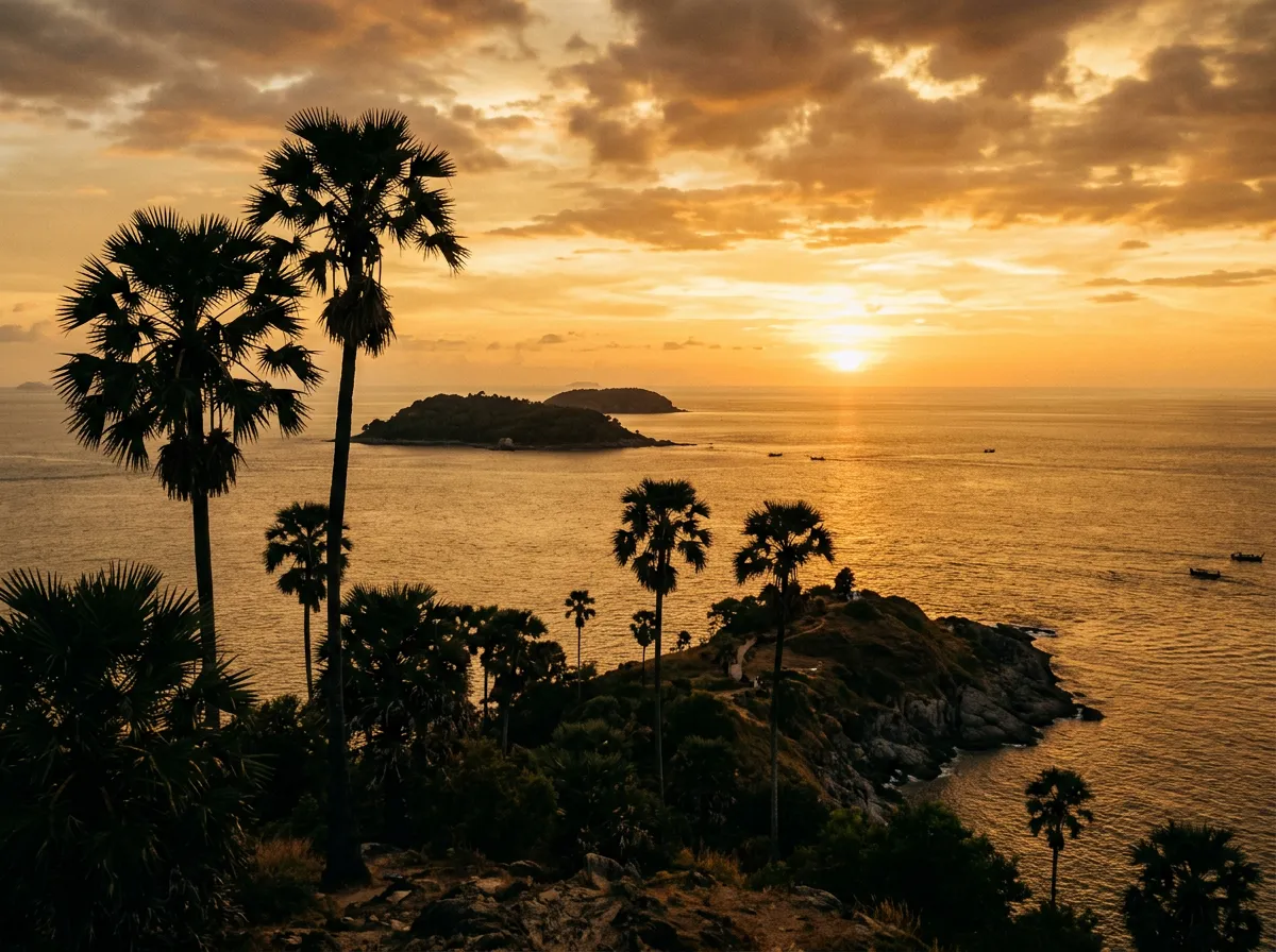 Мыс Промтхеп на Пхукете, закат, силуэты пальм, Андаманское море в золотых тонах