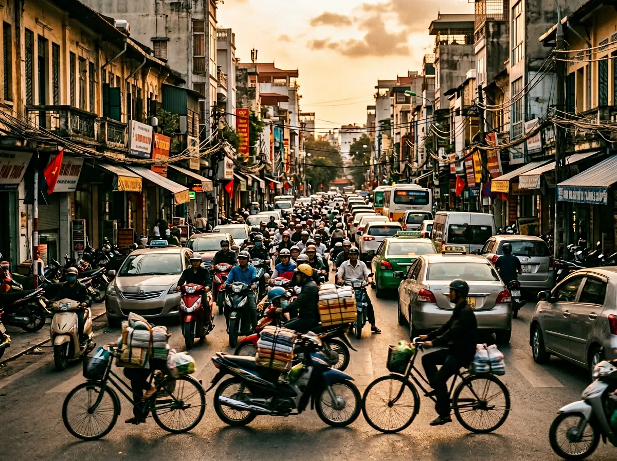 Характерный вьетнамский трафик: мотоциклы, велосипеды и автомобили на оживлённой дороге