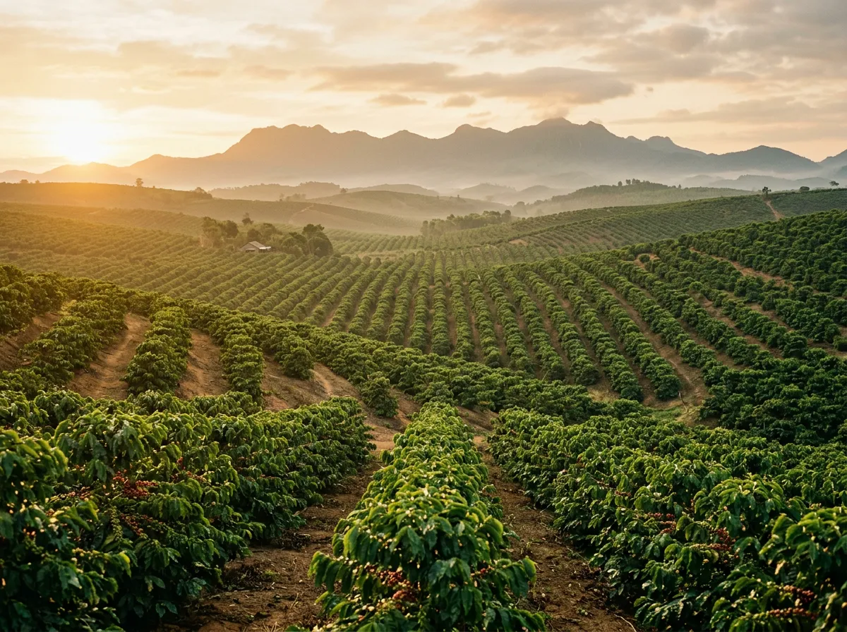 Кофейная плантация Центрального нагорья, ряды кофейных деревьев уходят к горизонту