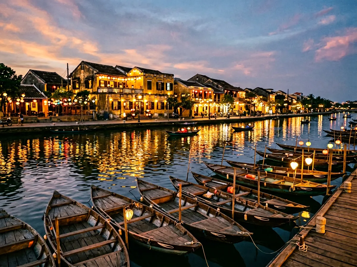 Старый город Хойана вечером, фонари отражаются в реке, лодки у берега