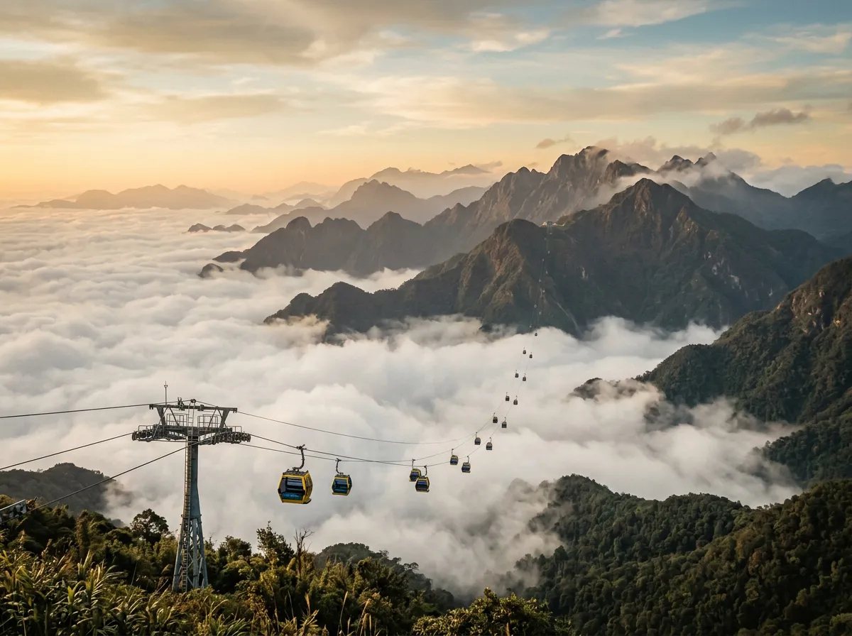 Канатная дорога на Фансипан в облаках, горные хребты уходят в бесконечность
