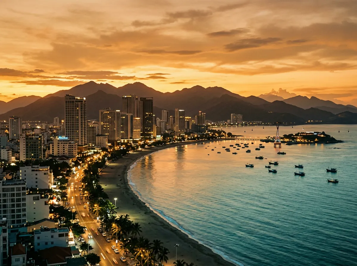 Набережная Нячанга на закате, высотки и горы на фоне оранжевого неба