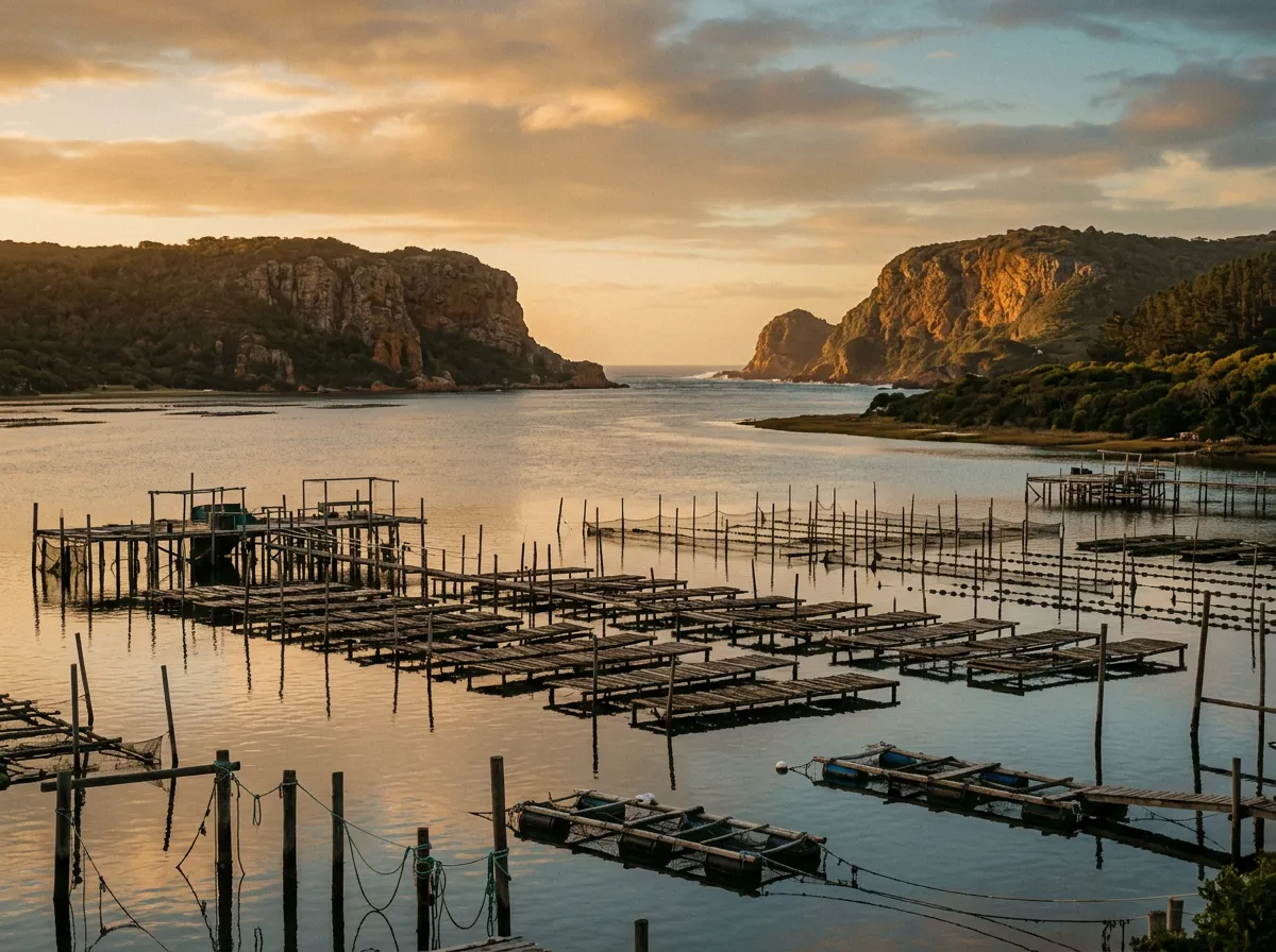 Устричная ферма на лагуне Найзна, скальные утёсы Knysna Heads на горизонте