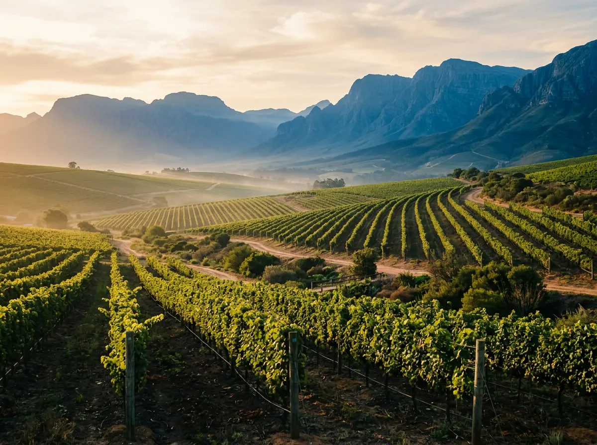 Виноградники Стелленбоша, ряды лоз на фоне синих гор, утренний свет